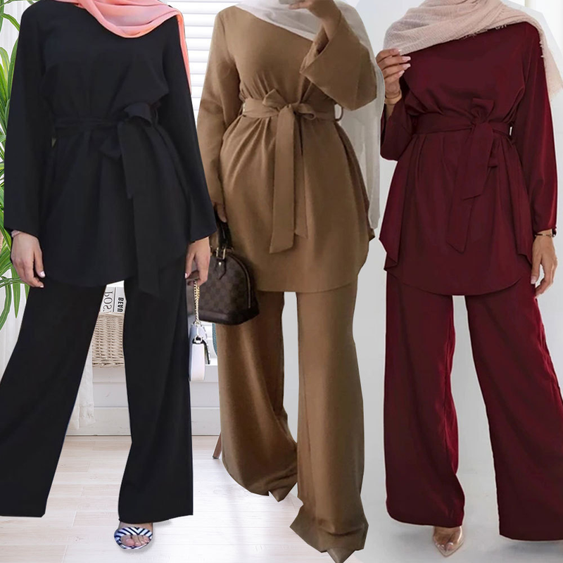 Abito musulmano da donna moda plus size semplice abito con lacci pantaloni a gamba larga_voghion.com