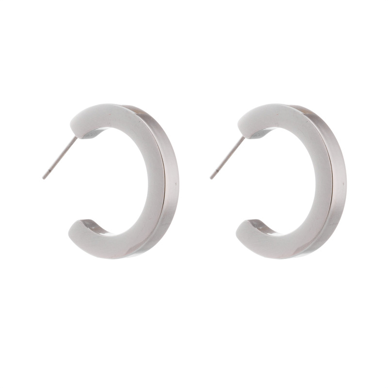 Niche fashion minimalist versatile metal retro temperament advanced C-shaped three-dimensional titanium steel semi-circular simple earrings_voghion.com