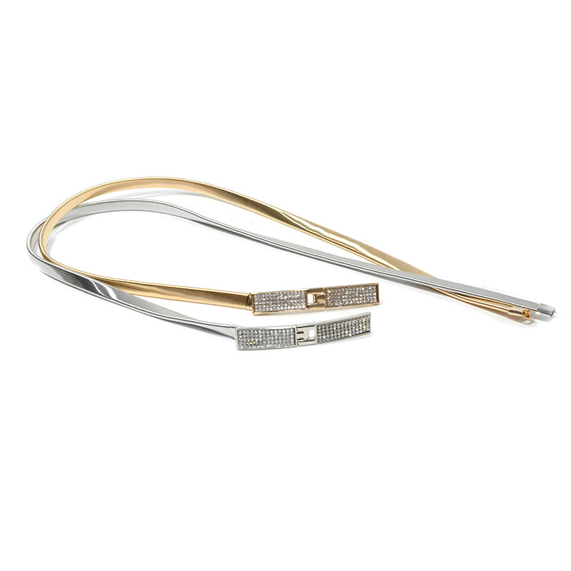 Women's Elastic Chain, Women's Casual And Fashionable Rhinestone Inlaid Buckle Metal Thin Waist Belt_voghion.com