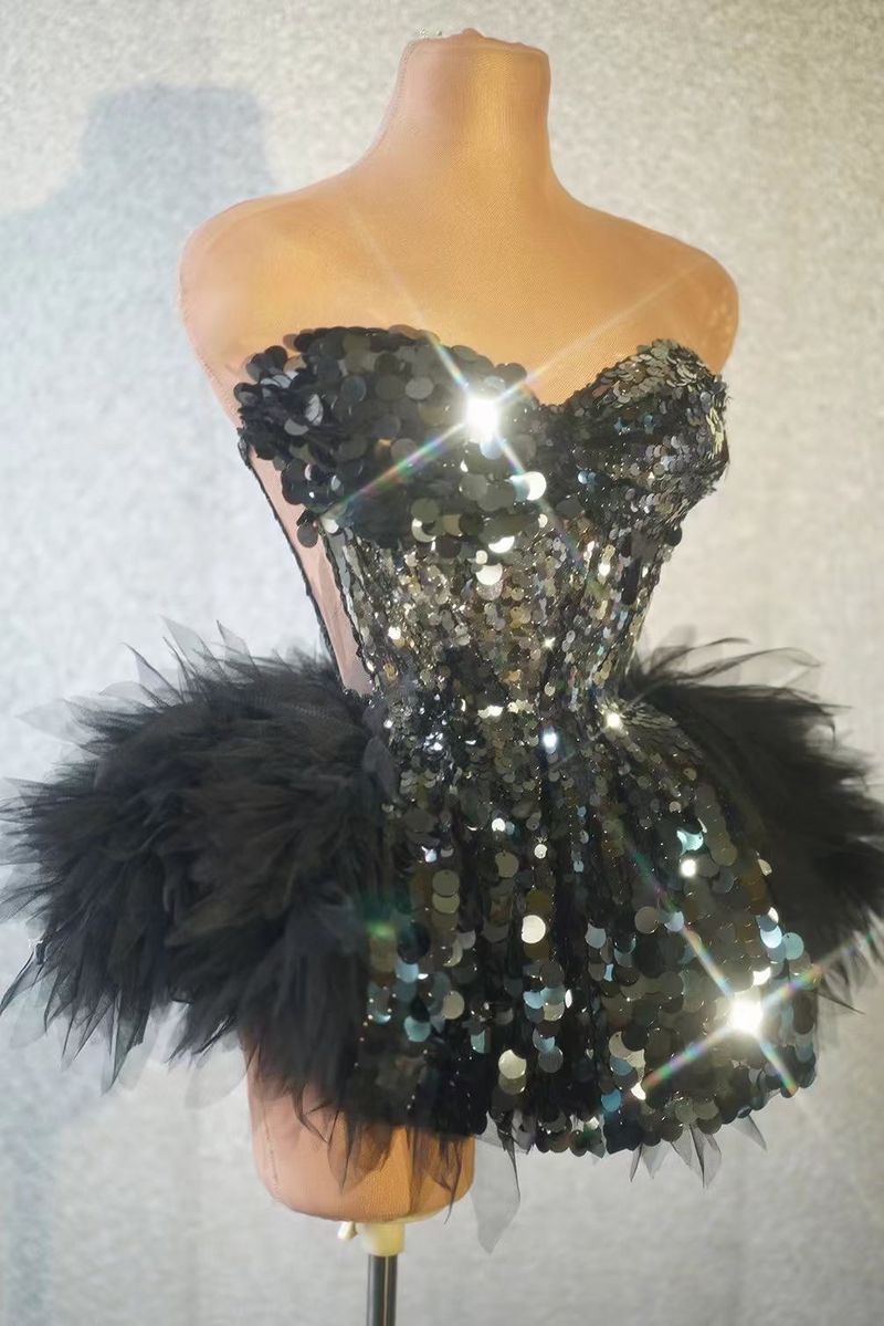 Sparkly Black Sequin Mesh Puff Sleeve Top & Mini Skirt Set - Stage Performance Outfit For Women, Dance Costume, Party Wear_voghion.com