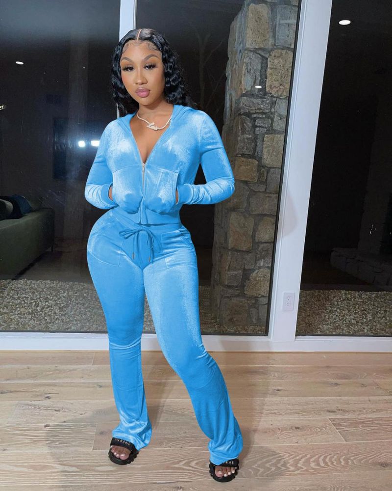 Ensemble sweat à capuche et pantalon large en velours pour femme – Ensemble deux pièces en élasthanne extensible, confortable et décontracté (noir/rose/bleu ciel, S-XXL)_voghion.com