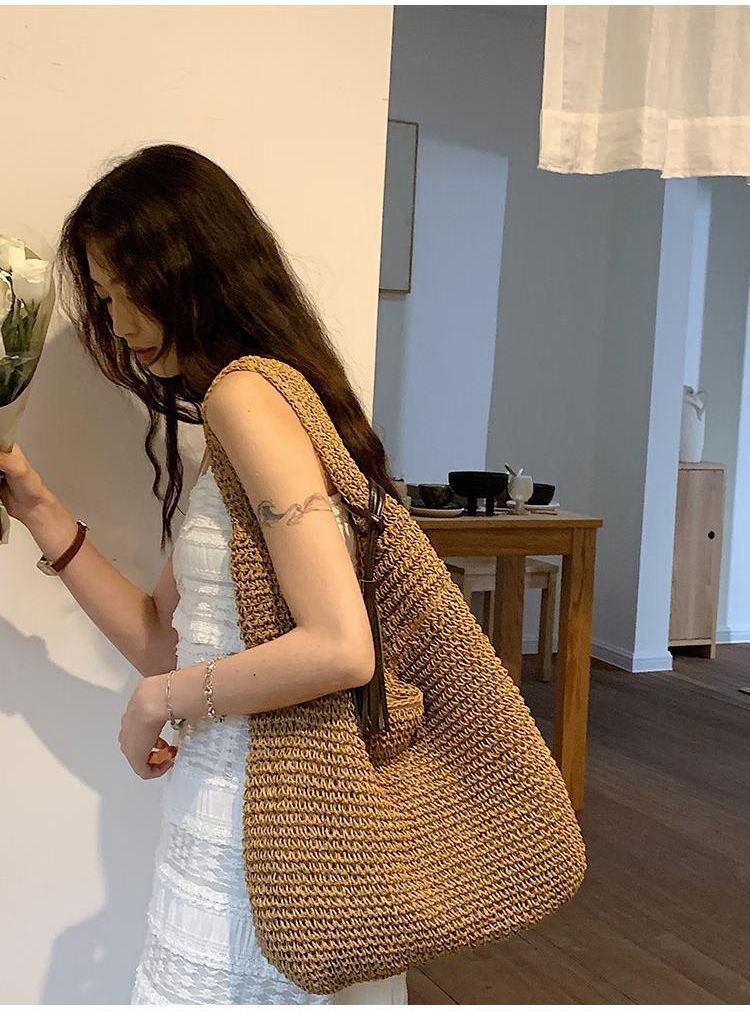 Borsa da spiaggia in paglia con tracolla monospalla, grande capacità, intrecciata, nuova estate, per vacanze al mare e relax_voghion.com