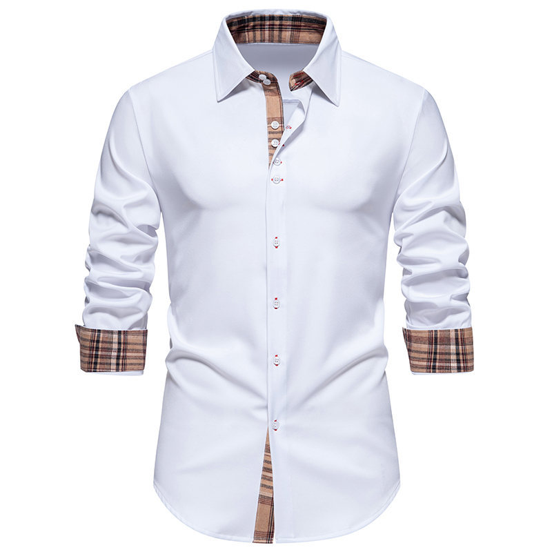 Men's Plaid Color-blocking Casual Long-sleeved Shirts Fashionable Loose Lapel Shirts_voghion.com