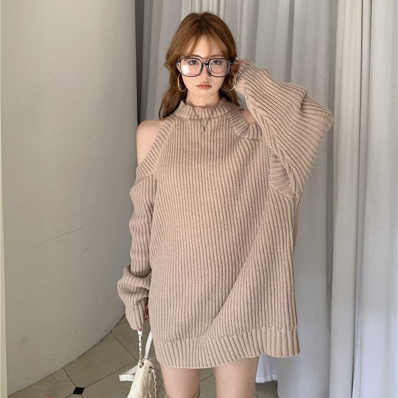Off-the-shoulder Knitted Sweater Women's Commute Pure Desire Wind Thick Needle Hole Medium And Long Women's Sweater Top Tide_voghion.com