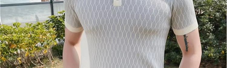 Herrkläder Sommar tunn stil slimmad high end stickad cool kavaj stilig T-shirt kontrastfärg is siden pikétröja kortärmad herr_voghion.com