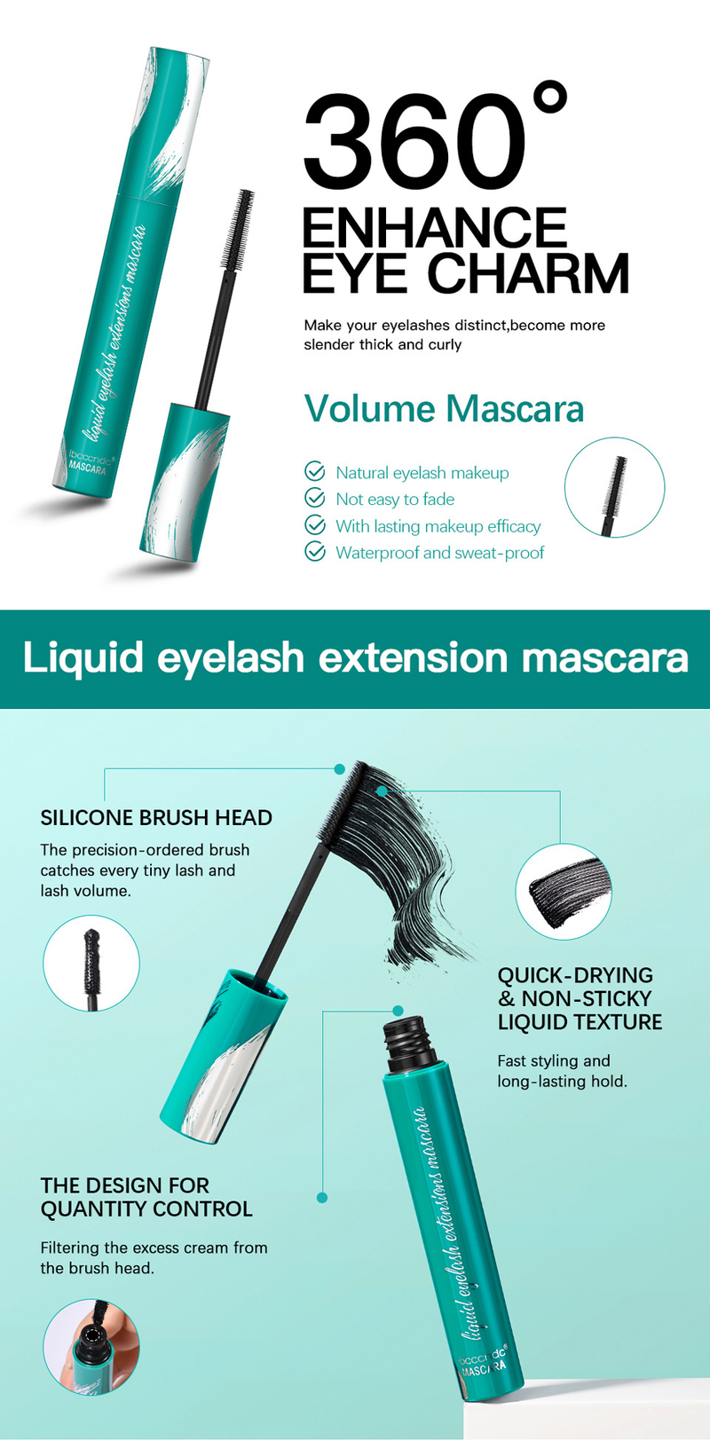 Mascara Liquid Lash Extensions, Cool Black Mascara für mehr Volumen und Verlängerung, Effekt wasserfest wischfest natürlich kein Verklumpen_voghion.com