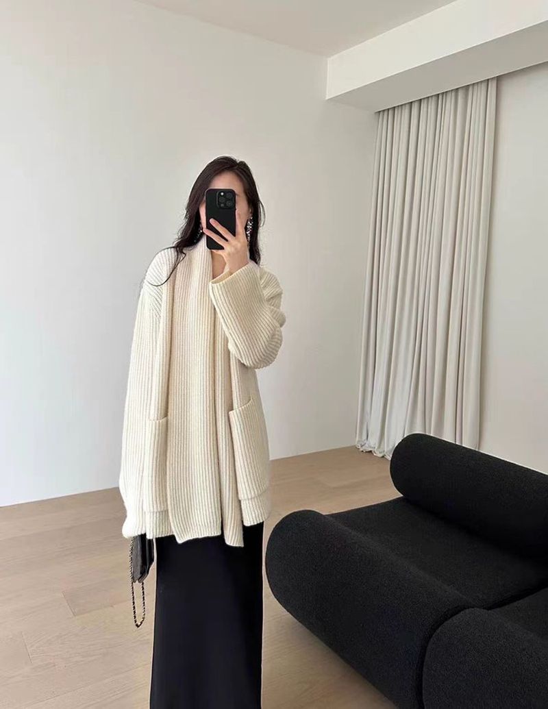 Luie, zachtaardige temperament, halflange sjaalkraagjas voor dames, 2024 herfst en winter losse pasvorm afslankend breisel_voghion.com