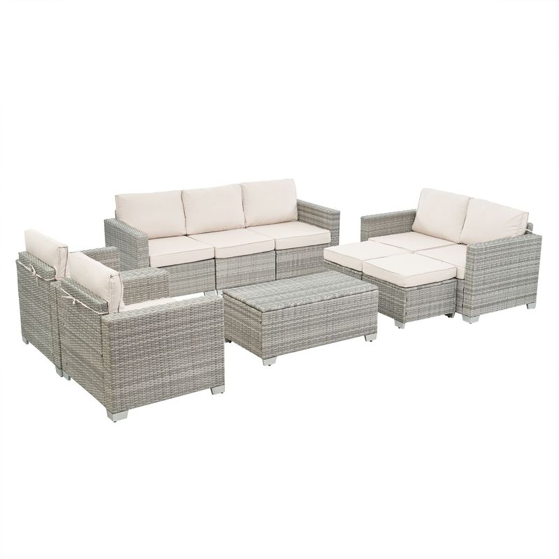 10 Piece PE Rattan Patio Furniture Set, Sectional Sofa Set, Outdoor Patio Furniture Set With Cushions & Tempered Glass Coffee Table_voghion.com