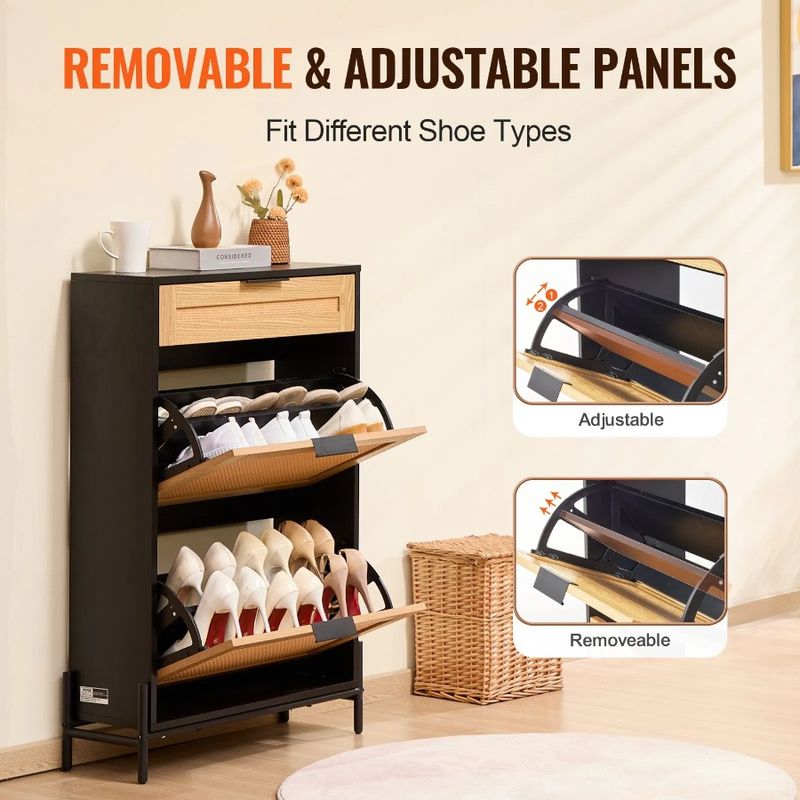 Cassettiera portaoggetti 1 in rattan stretta con scarpiera ribaltabile in metallo 2 scorrevoli per ingresso in rattan e scarpiera sottile con gambe organizer_voghion.com