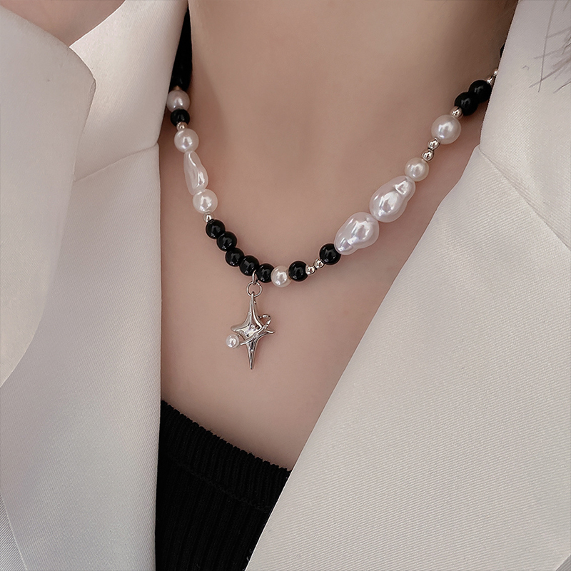 2025 New Arrivals Punk Star Pendant Baroque Women Asymmetric Black White Pearl Stainless Steel Necklace Jewelry_voghion.com