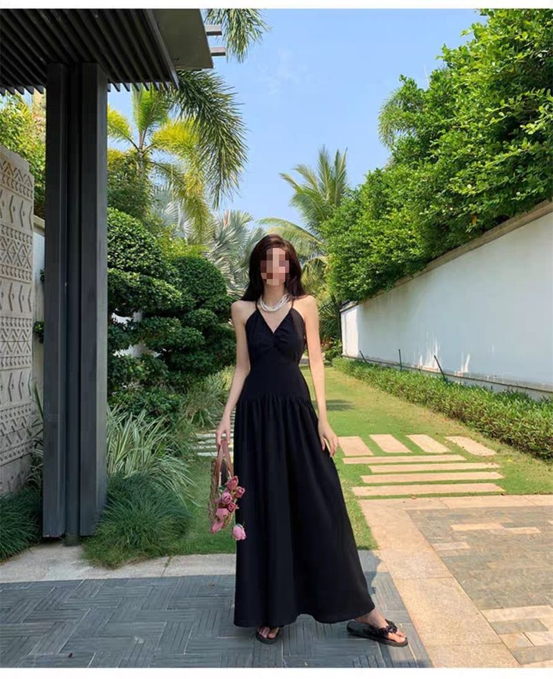 Top cu bretele, fără spate, cu senzație de lux, subțire și sexy, vacanță la mare, plaja Sanya, Hainan, negru lung pentru femei_voghion.com