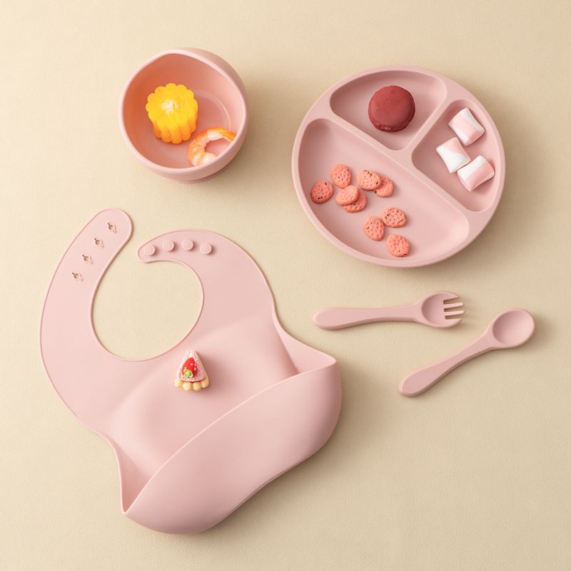 Juego de 5 piezas de alimentación de silicona para bebés, plato de comedor redondo, tazón con ventosa, platos para niños, babero impermeable, vajilla para niños, taza con pajita_voghion.com