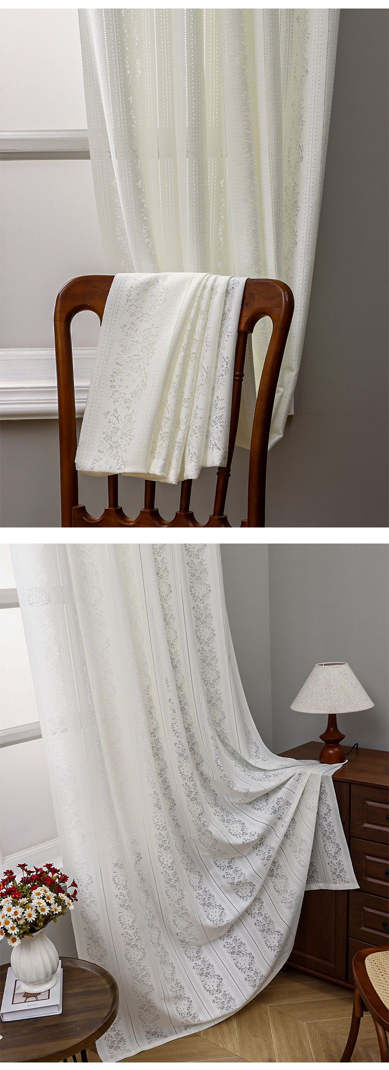 Lace Sheer Curtains - Semi-Sheer Window Drapes For Living Room & Bedroom (Ready-Made, Minimalist Style, Light Filtering With Privacy, 52x84 Inches)_voghion.com