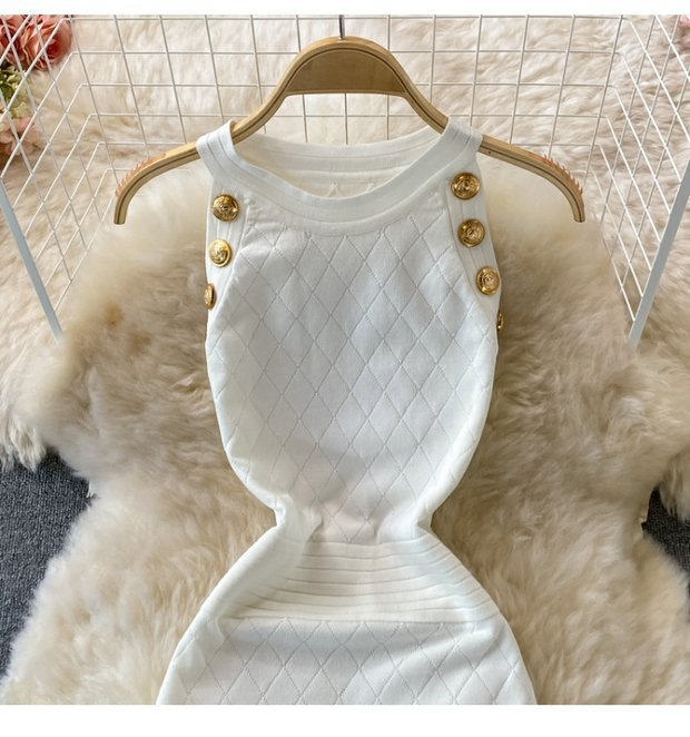 Damen Rundhals Ärmelloses Strick Neckholder Off-Shoulder Kleid Sexy Hüftbetontes Kurzrockkleid_voghion.com