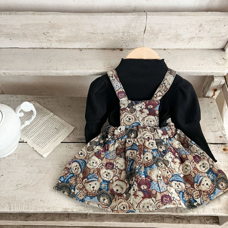 Mother&Kids Girls' turtleneck puffy sleeve base shirt + cartoon suspender skirt set Instagram baby two-piece fashion set_voghion.com