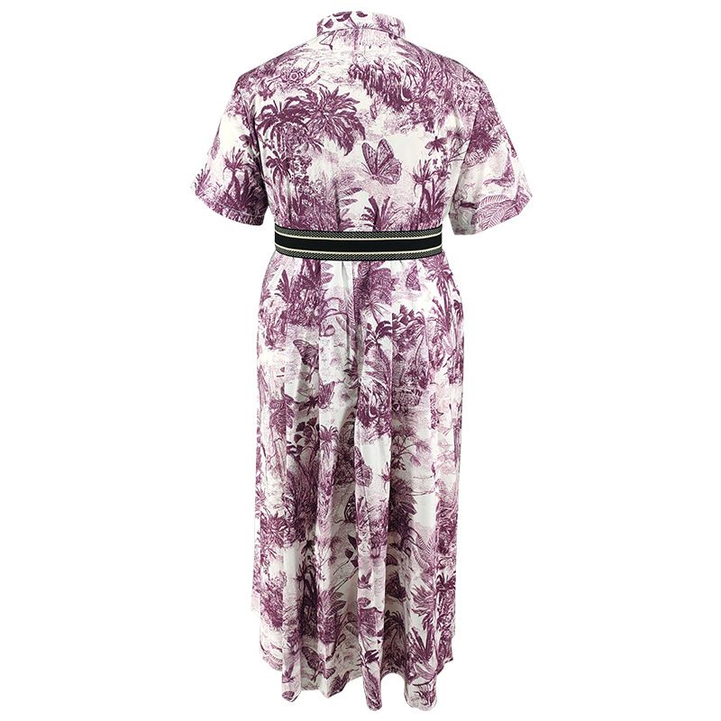Women's Clothing Large Size Women's Printed Stand Collar Belt Dress_voghion.com