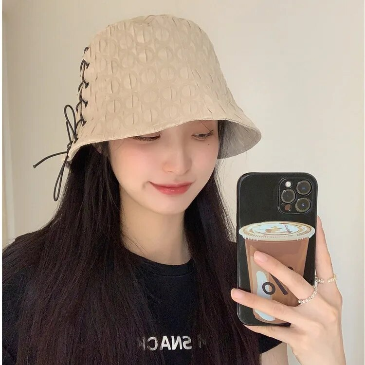 Chapeau de pêcheur à bretelles pour fille très douce, nouveau printemps et été, Style coréen, doux et polyvalent, couvrant le visage, Protection solaire, chapeau seau respirant_voghion.com