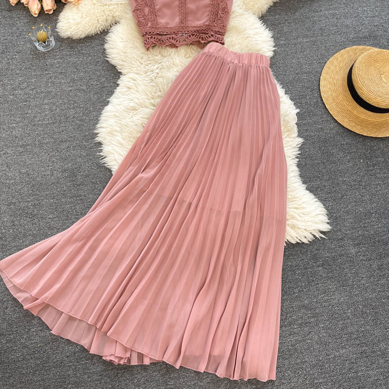 Haut en dentelle pour femmes, taille 1, jupe plissée en mousseline de soie, costume deux pièces_voghion.com