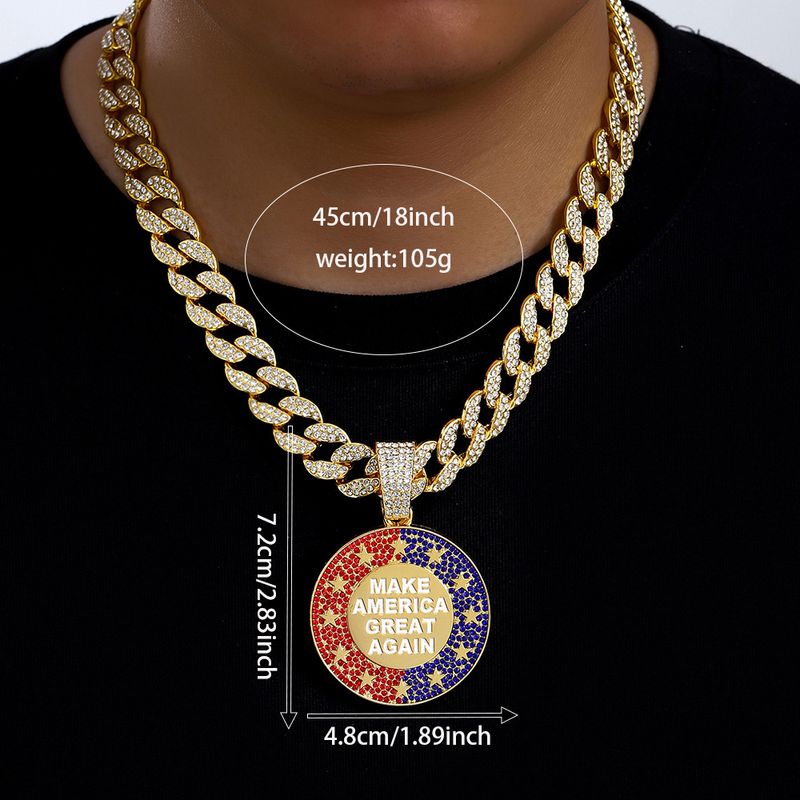 Collana con ciondolo in lega rotonda con lettera MAKE AMErica CREAT AGAIN e diamante pieno che gocciola olio_voghion.com