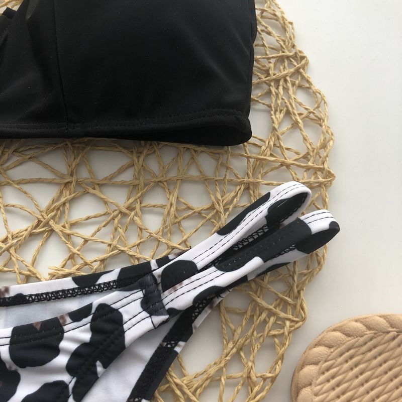 Women's black leopard print deep V steel support sexy split triangle bikini_voghion.com