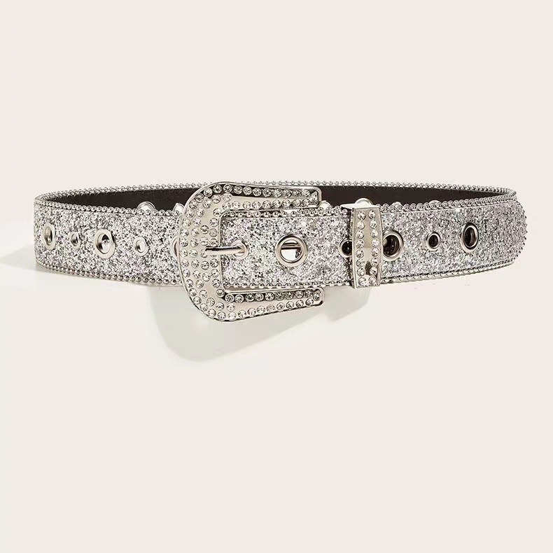 Curea la modă personalizată cu paiete pentru blugi, versatilă, pentru Instagram, Feng Shui, cu lățime de bandă din piele cu diamant, pentru decor, la modă_voghion.com