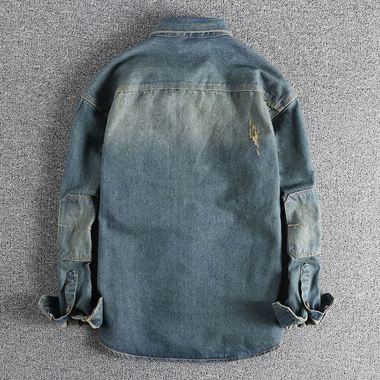 Herrenbekleidung Ärmelpatch-Nähte Stark verwaschenes, abgenutztes Retro-Jeanshemd Lockeres, steifes, trendiges Jugendhemd_voghion.com
