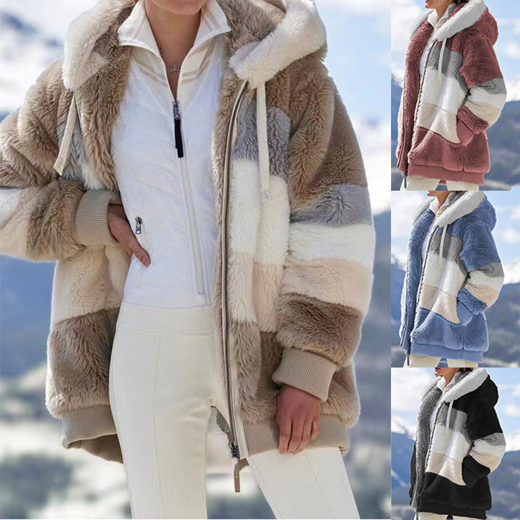 2025 Autumn Winter Warm Plush Patchwork Zipper Pocket Hooded Loose Coat For Women_voghion.com