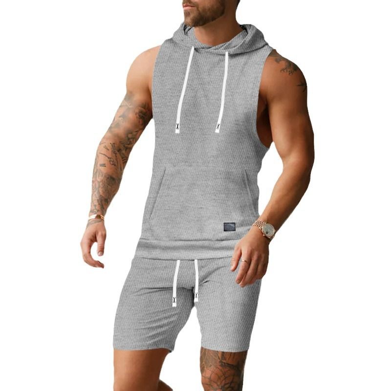 Ärmlös enfärgad jacquardstickad huvad ärmlös t-shirt casual västshorts set för män_voghion.com
