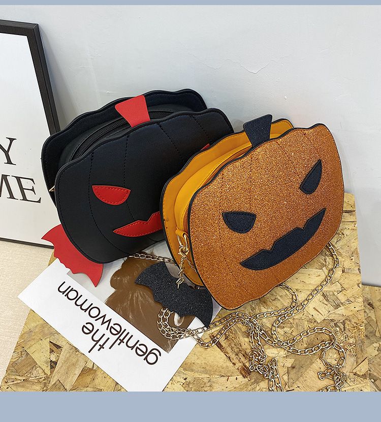 Borsa a tracolla con zucca glitterata a tema Halloween per donna - Borsa a tracolla in PU riflettente retrò con tasche con cerniera, accessorio alla moda e divertente_voghion.com