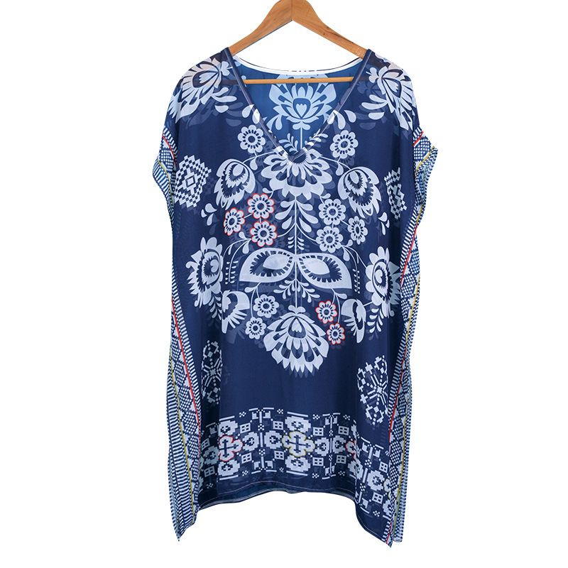 Veste de plage cache-maillot en mousseline de soie à fleurs bleu marine - Col en V - Pour femme_voghion.com