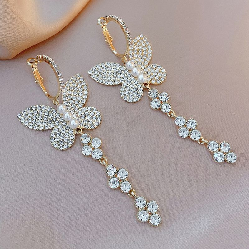 Yamaler 1 paio di ganci da donna, squisite perle d'imitazione, brillanti, con strass, a forma di farfalle, orecchini pendenti, gioielli femminili_voghion.com