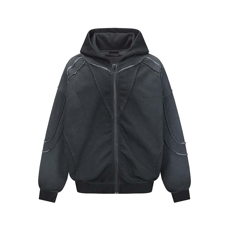 Felpa con cappuccio destrutturata da uomo – Felpa oversize con zip, stampa grafica e dettagli con bordi grezzi (rosso/grigio)_voghion.com