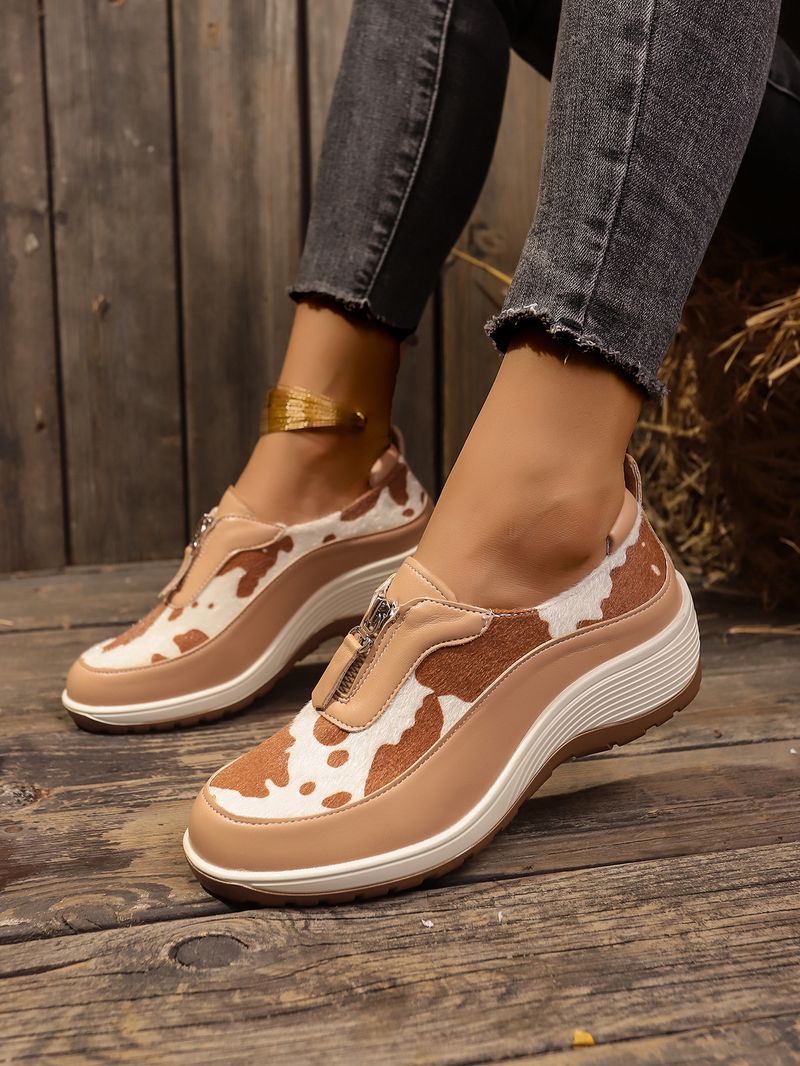 Damenschuhe große Freizeitschuhe farblich passende Leopardenmuster Keilabsatz dicke Sohle runde Zehen Slip-On-Schuhe_voghion.com