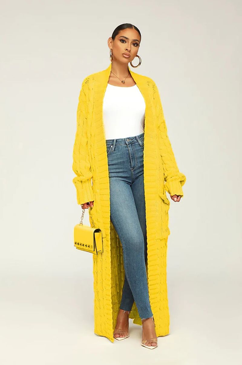 Damenbekleidung Locker gestrickte Strickjacke, gemütliche, übergroße Strickjacke mit Taschen, langer Zopfmuster-Pullovermantel, lockerer Boho-Chic, offene Vorderseite_voghion.com