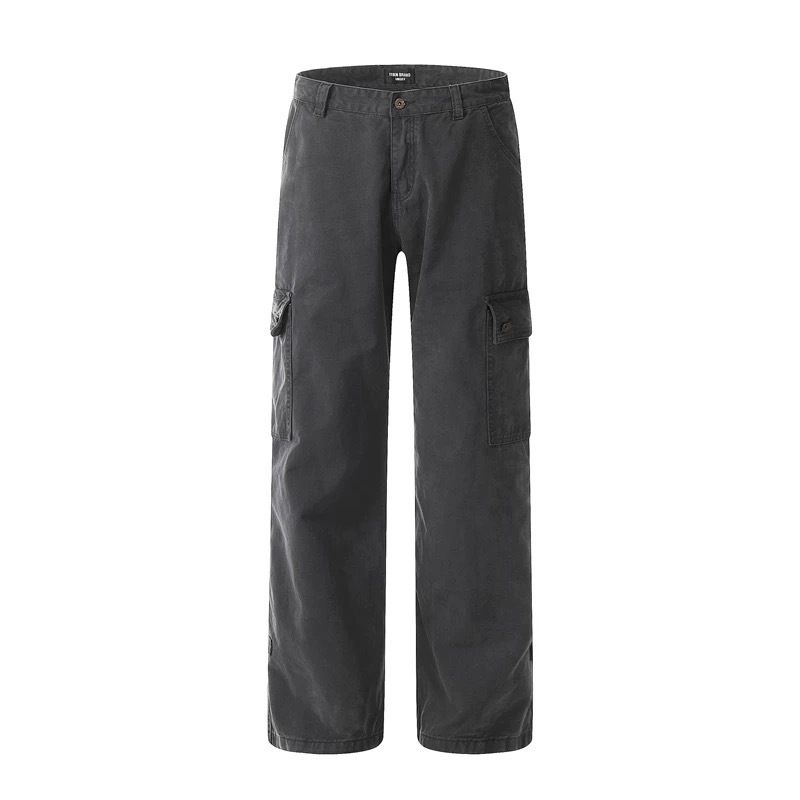 American High Street Pocket Gray Cargo Men Straight Jeans Long Trendy Loose Wide Leg Casual Pants Unisex_voghion.com