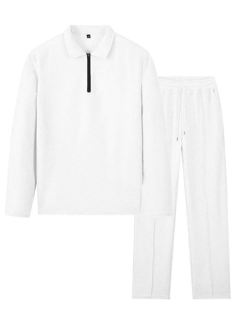 Men's Waffle Knit Half-Zip Polo Shirt & Long Pants Casual Set - Lightweight Comfort, Breathable Fabric, Stylish Autumn Outfit_voghion.com