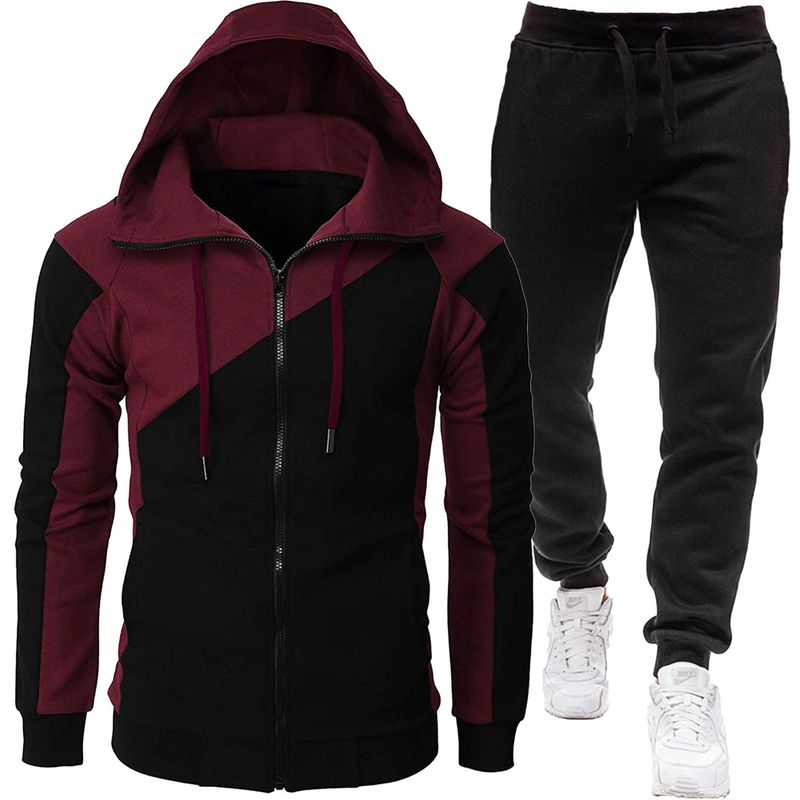 Autumn and winter foreign trade sports two-color splicing coat long men plus fleece thick sports suit two-piece set_voghion.com
