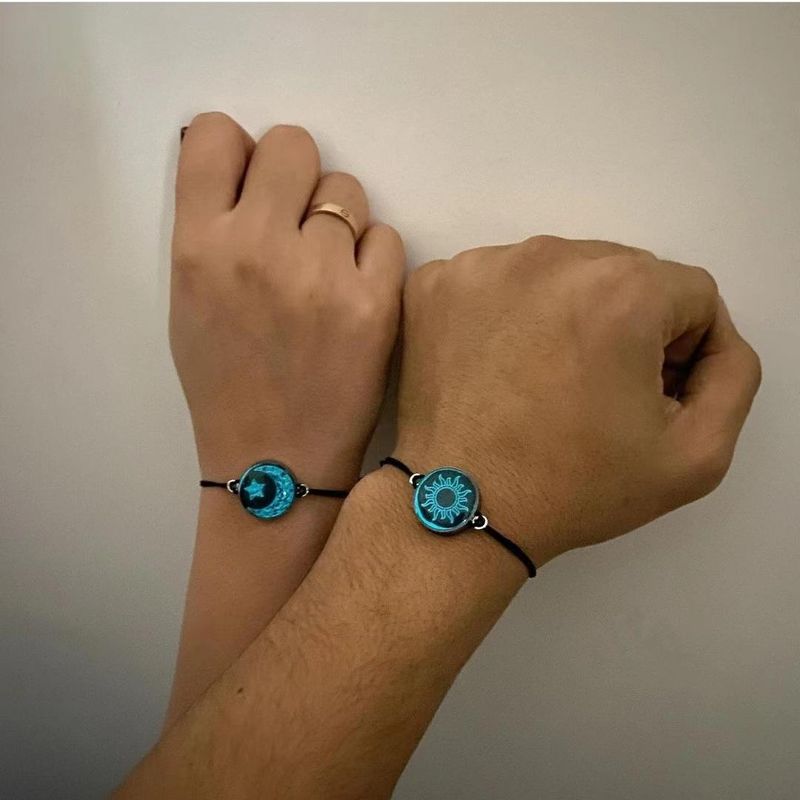 2Pcs Romantic Couple Butterfly Sun Moon Lovers Charm Adjustable Glow In The Dark Woven Bracelet_voghion.com