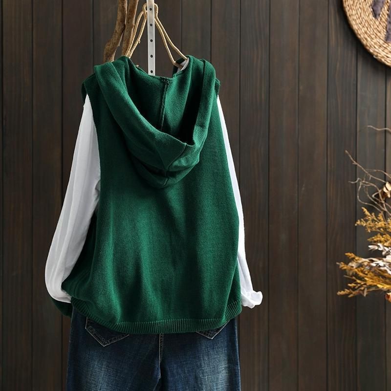 Gilet con cappuccio in maglia per donna 2023 autunno inverno nuovo casual ampio con doppia tasca senza maniche_voghion.com