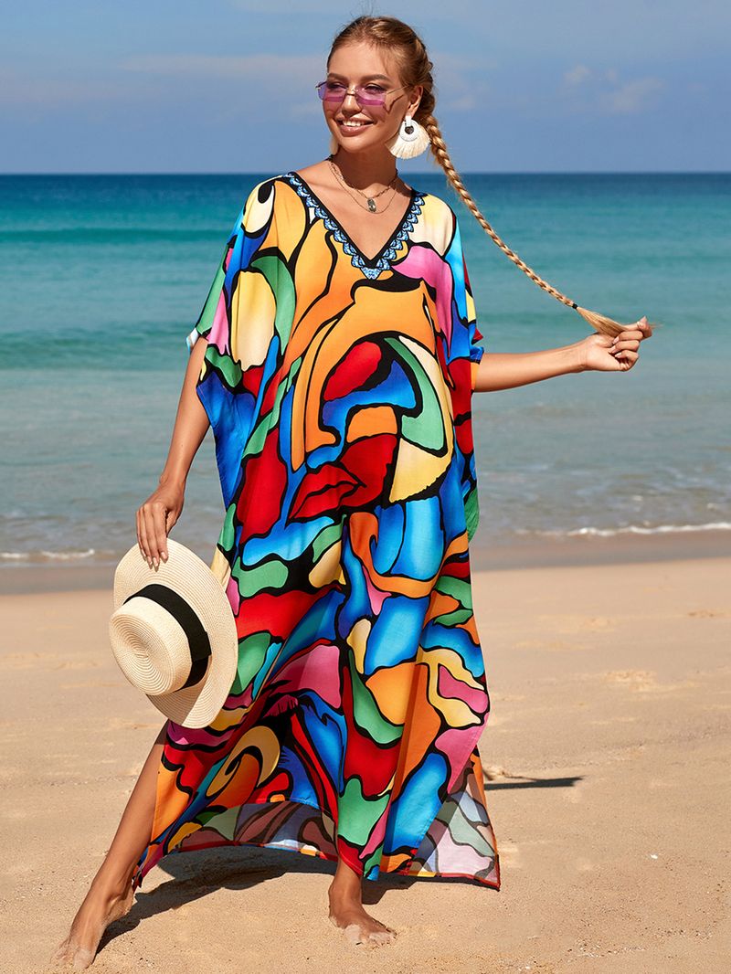 Strandkleid aus 100 % Baumwolle für Damen – Sonnenshirt mit Boho-Print, locker sitzende Bademode, Langarm-Tunika für den Urlaub am Pool_voghion.com