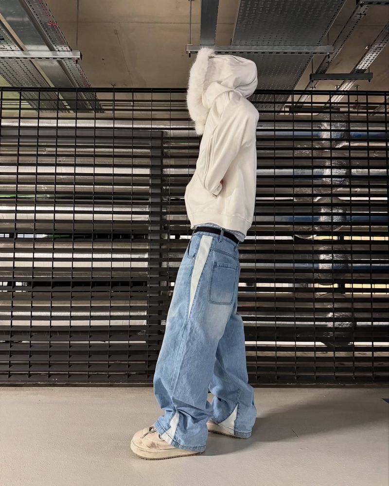 Men's Clothing New Style Splicing Spring And Summer Trend High Street Retro Washed Distressed Light Blue Slim Wide Leg Denim Men's Pants_voghion.com