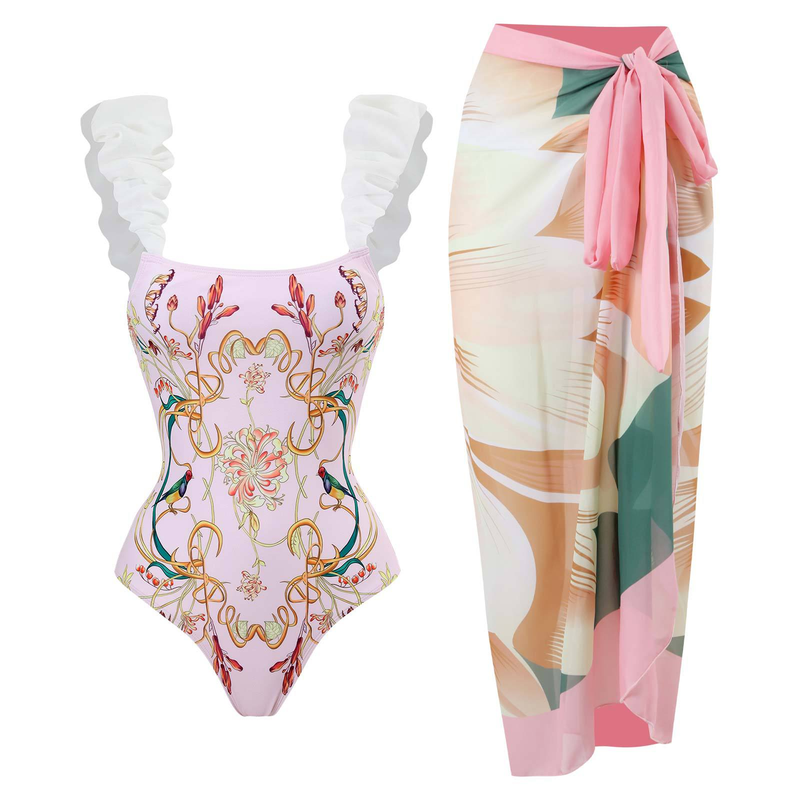 Women's digital printed jumpsuit sunscreen chiffon skirt swimsuit_voghion.com