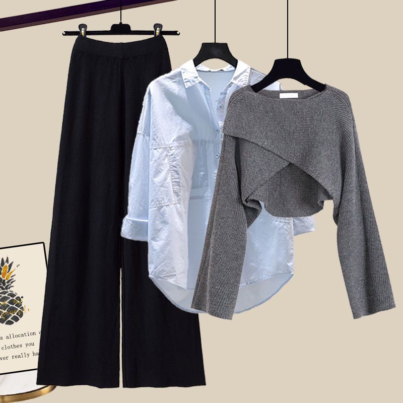 Women’s Clothing Fashion autumn suit women sweater women new large size women's shirt wide leg pants three piece knitted slim_voghion.com