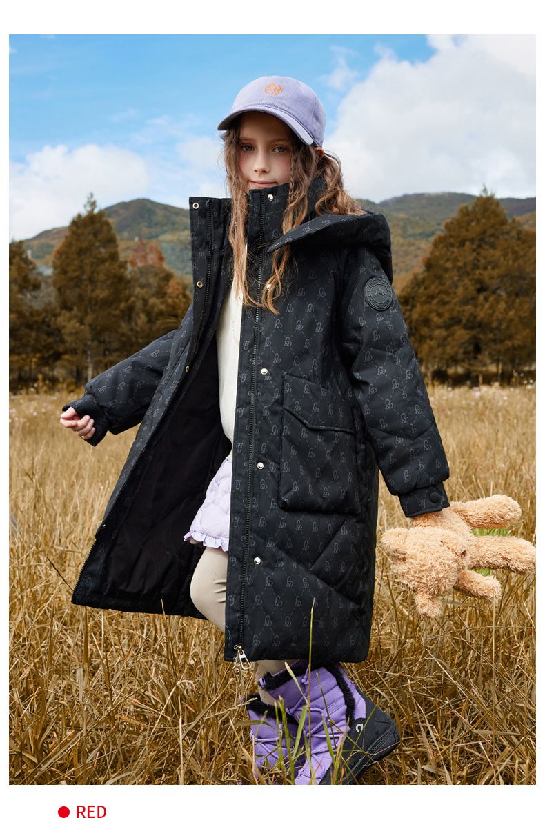 Girls' Long Puffer Coat With Hood - Warm Winter Down Jacket For Kids, 50% White Duck Feather, Stylish Design, Ages 8+ (Black/White/Pink)_voghion.com
