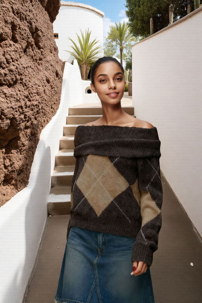 Off-Shoulder Diamond Knit Sweater – Trendy One-Shoulder Pullover For Women (As Pictured, S/M/L)_voghion.com
