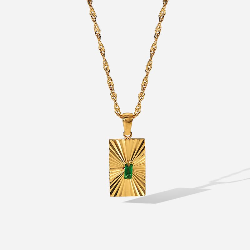 French Emerald Zircon Inlaid Split Flower Rectangle Pendant INS Wind Gold Stainless Steel Necklace Ornament Female_voghion.com