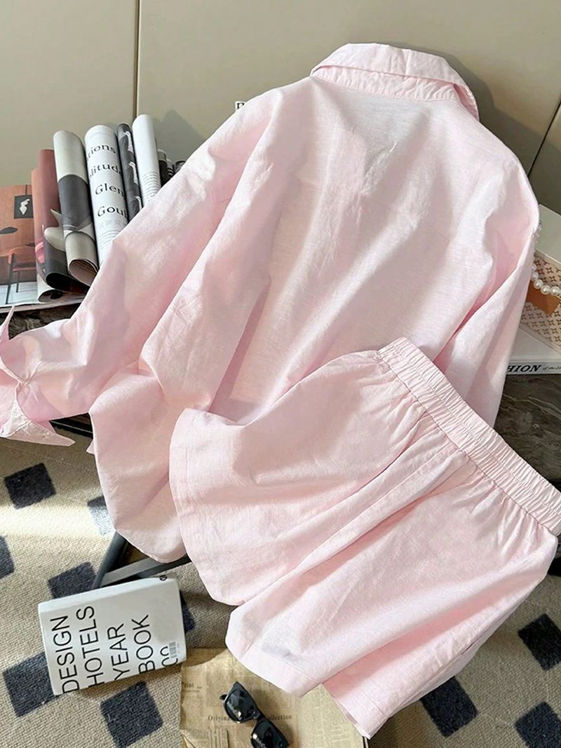 Completo da donna con camicia a maniche lunghe e pantaloncini - Completo minimalista in due pezzi in poliestere per abbigliamento casual e da ufficio (S-XL)_voghion.com