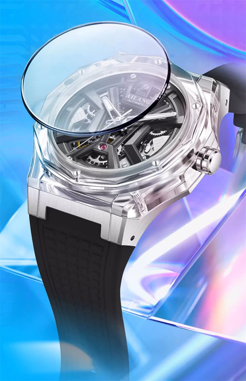 AILANG Women Automatic Mechanical Watch Top Brand Luxury Pink Transparent Case Waterproof Wrist Watch Ladies Skeleton Clock 2024_voghion.com