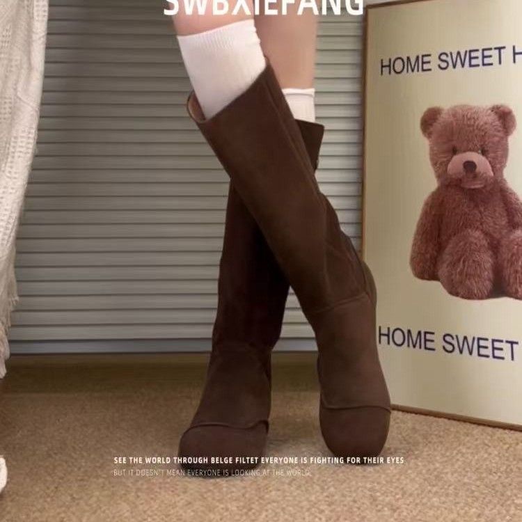 Genuine Leather Inner Height-Increasing Suede Slouchy High For Women 2025 Autumn Winter Flat Long Melad Boots_voghion.com