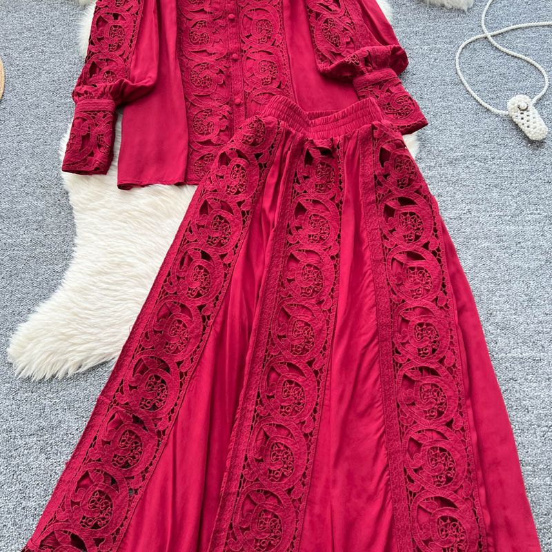 Ensemble chemisier taille haute en dentelle et jupe évasée style court – Tenue élégante deux pièces (beige/vert/blanc/bleu, taille unique)_voghion.com